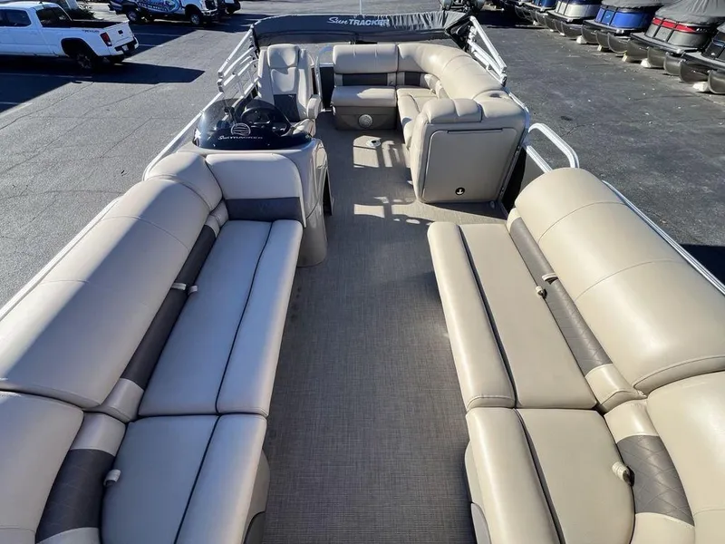 Slide: The Image of 2021 Sun Tracker PARTY BARGE® 20 DLX pontoon boat with spacious seating and sleek design. - 25