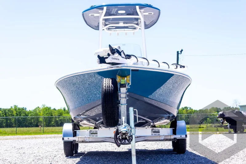 Slide: The Image of 2025 Tidewater 2110 Bay Max boat on trailer, front view, outdoors. - 10