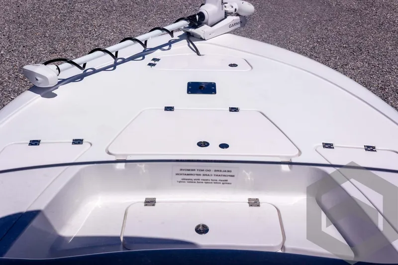 Slide: The Image of 2025 Tidewater 2110 Bay Max boat deck with mounted equipment, viewed from above. - 23