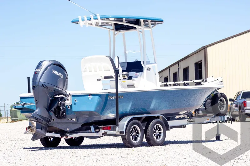 Slide: The Image of 2025 Tidewater 2110 Bay Max boat on trailer, featuring Yamaha outboard motor. - 5