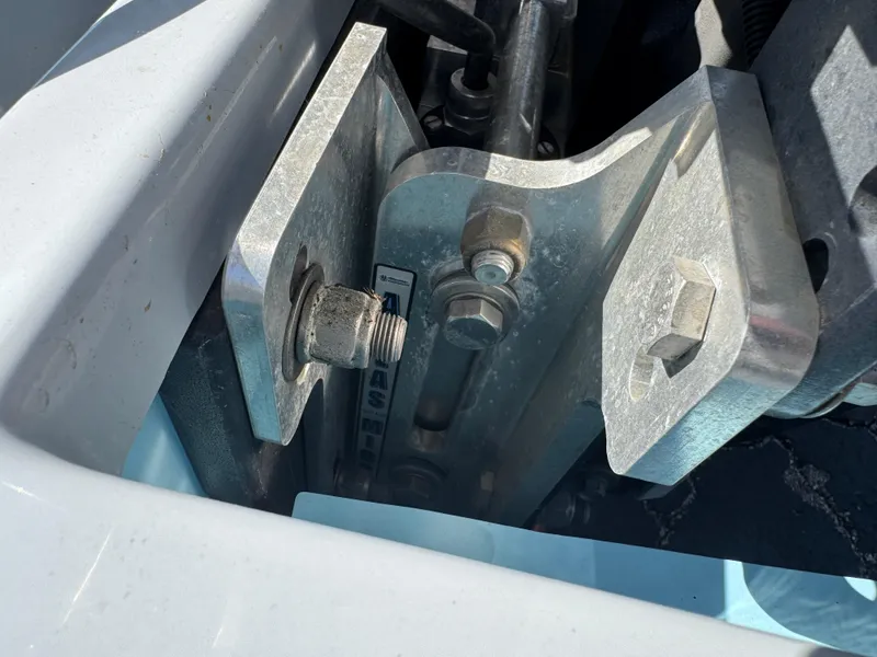 Slide: The Image of Close-up of 2023 Hell's Bay Professional boat hardware and mounting components. - 7