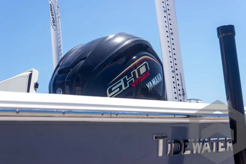 Slide: The Image of 2025 Tidewater 2410 Bay Max boat with Yamaha SHO engine, close-up view. - 13
