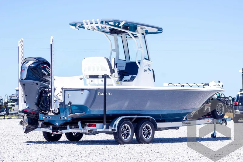 Slide: The Image of 2025 Tidewater 2410 Bay Max boat on trailer, featuring sleek design and powerful engine. - 5