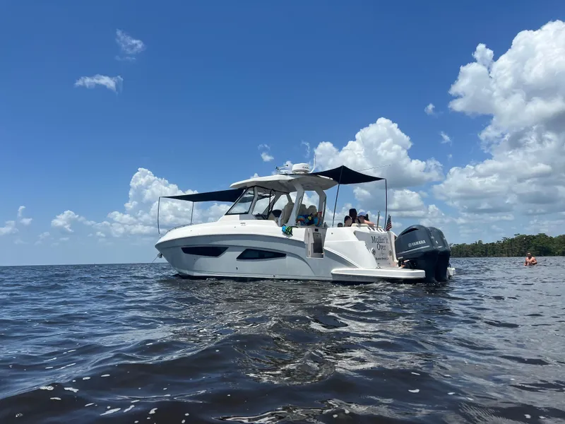 Slide: The Image of 2019 Regal 33 SAV boat cruising on open water under a clear blue sky. - 1
