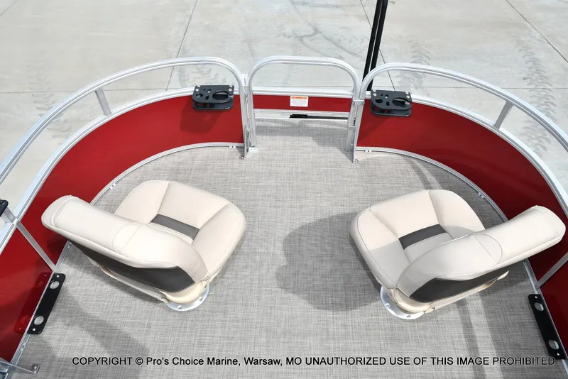 Slide: The Image of 2025 Sun Tracker Bass Buggy 16 DLX pontoon boat interior with two beige seats. - 45