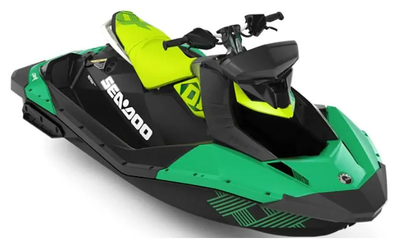 Slide: The Image of 2019 Sea-Doo Spark Trixx 2up iBR with Sound System, green and black design. - 6