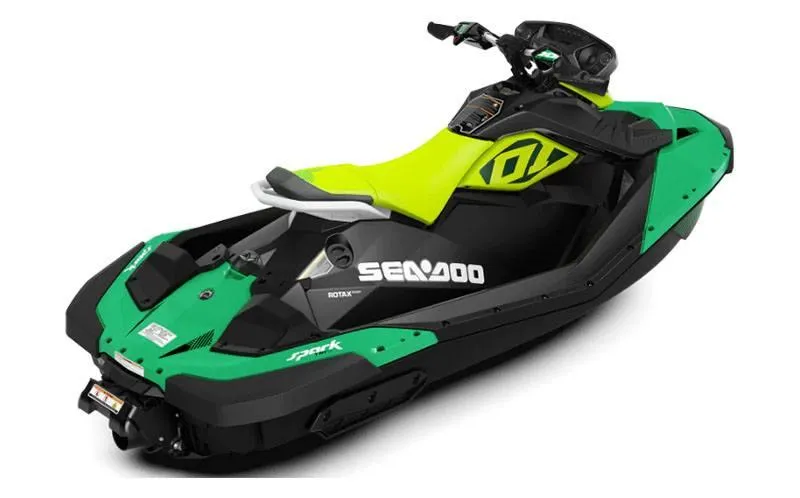 Slide: The Image of 2019 Sea-Doo Spark Trixx 2up iBR with sound system, green and black design. - 7