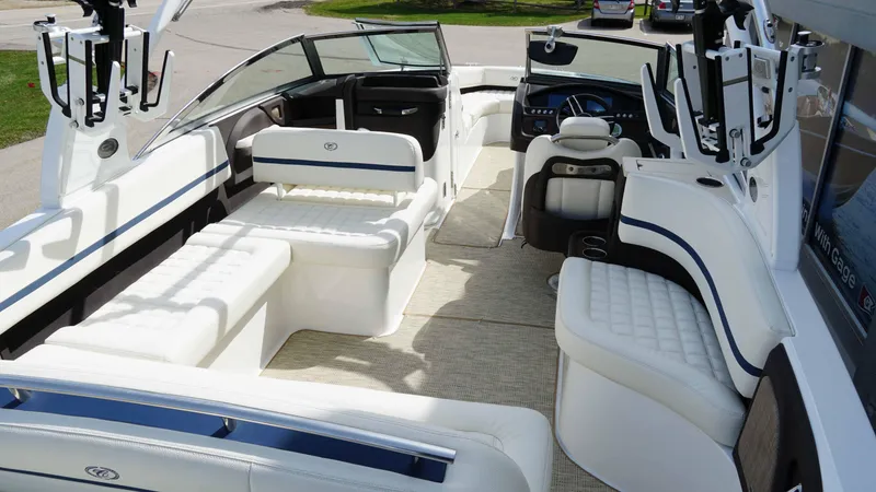 Slide: The Image of Luxurious interior of a 2019 Cobalt R7 boat with white seating and modern design. - 5