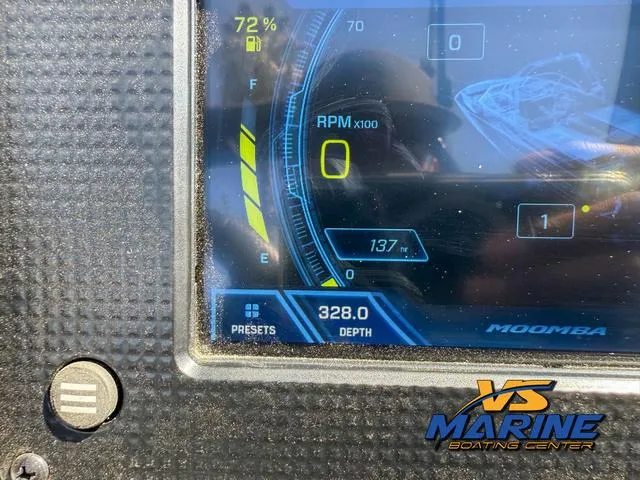 Slide: The Image of Digital dashboard of 2022 Moomba Makai boat showing RPM, fuel, and depth. - 29
