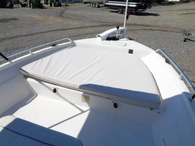 Slide: The Image of 2005 Sea Chaser 1800 RG boat deck with cushioned seating and railing. - 18
