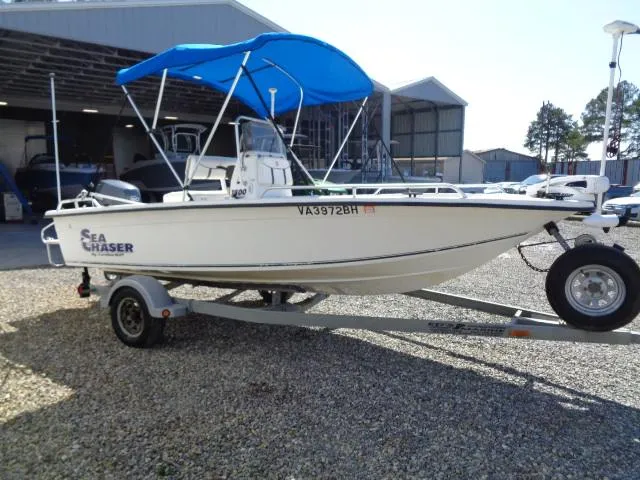 Slide: The Image of 2005 Sea Chaser 1800 RG boat with blue canopy on trailer, parked outdoors. - 5