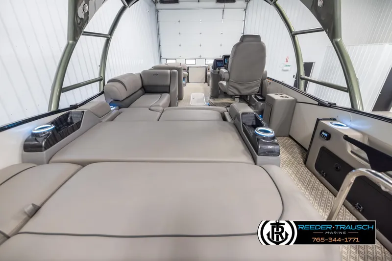 Slide: The Image of 2022 Avalon Catalina VRB boat interior with luxurious seating and modern amenities. - 15