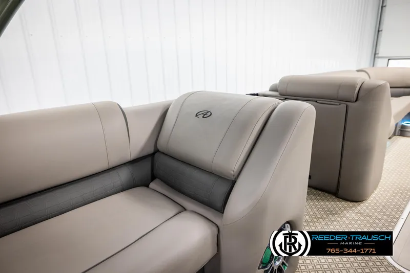 Slide: The Image of 2022 Avalon Catalina VRB boat interior with luxurious seating and modern design. - 21