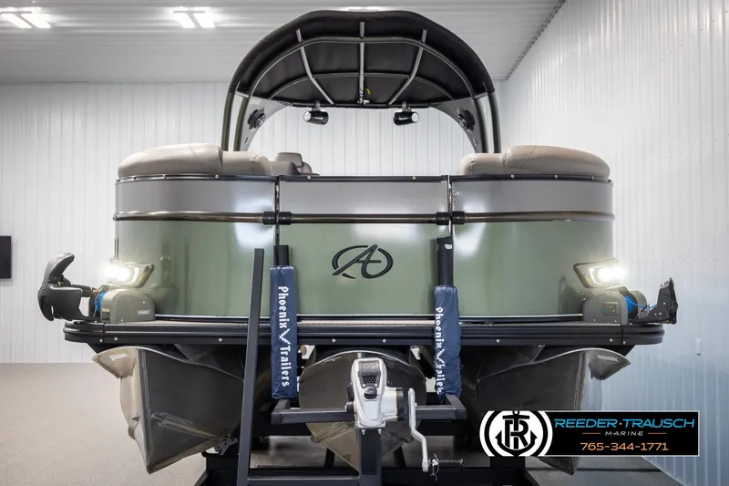 Slide: The Image of 2022 Avalon Catalina VRB pontoon boat on trailer in indoor showroom. - 7