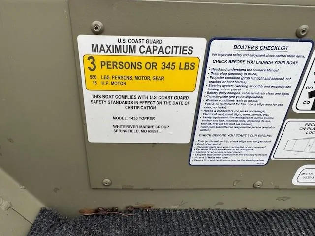 Slide: The Image of 2024 Tracker Grizzly 1436 Jon boat capacity label, showing limits for persons and motor. - 7