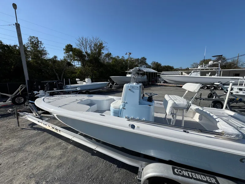 Slide: The Image of 2025 Contender 23 Bay boat on trailer in outdoor storage area. - 5