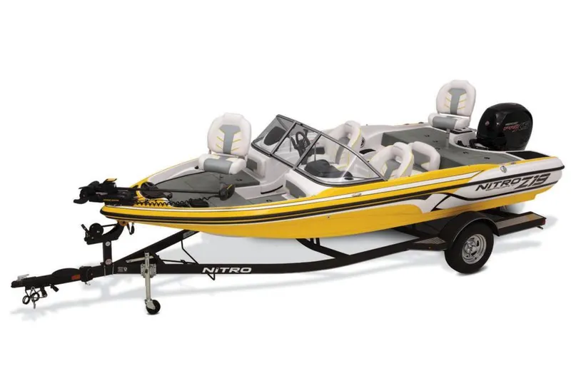 Slide: The Image of 2020 Nitro Z19 Sport boat, yellow and white, on a trailer. - 15