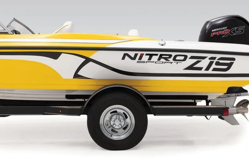Slide: The Image of 2020 Nitro Z19 Sport boat, yellow and white design, with Mercury Pro XS engine. - 32