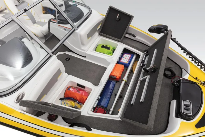 Slide: The Image of 2020 Nitro Z19 Sport boat with open storage compartments, showcasing organized gear and equipment. - 37