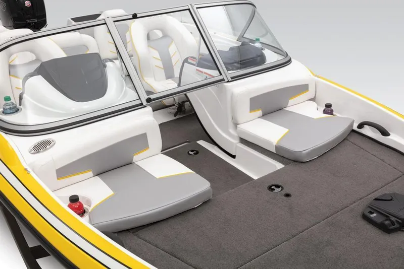 Slide: The Image of 2020 Nitro Z19 Sport boat interior with gray and white seating, yellow accents, and windshield. - 41