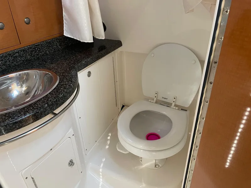 Slide: The Image of 2009 Robalo R305 Walkaround boat bathroom with toilet and sink. - 38
