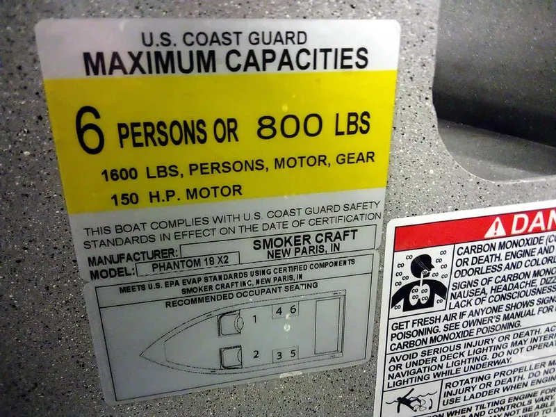 Slide: The Image of 2024 Smoker Craft Phantom 18 X2 capacity label, 6 persons or 800 lbs, 150 HP motor. - 18