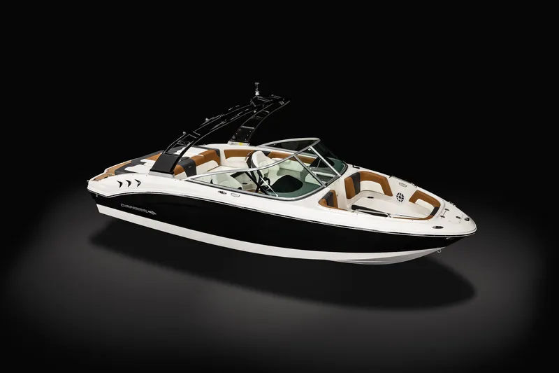 Slide: The Image of 2025 Chaparral 21 SSi I/O boat, sleek design, black and white exterior, luxury seating. - 7