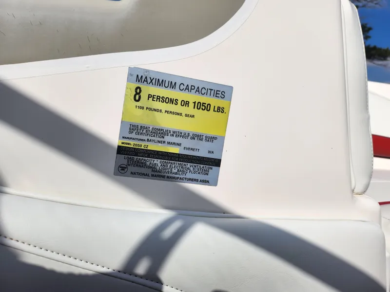 Slide: The Image of 1997 Bayliner 2050 Capri SS capacity label, maximum 8 persons or 1050 lbs. - 15