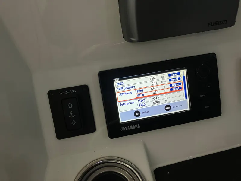 Slide: The Image of Yamaha display on 2013 Regulator 28 boat showing trip and engine data. - 12