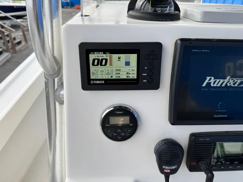 Slide: The Image of Console of 2016 Parker 2300 Special Edition boat with Yamaha display and Garmin GPS. - 11