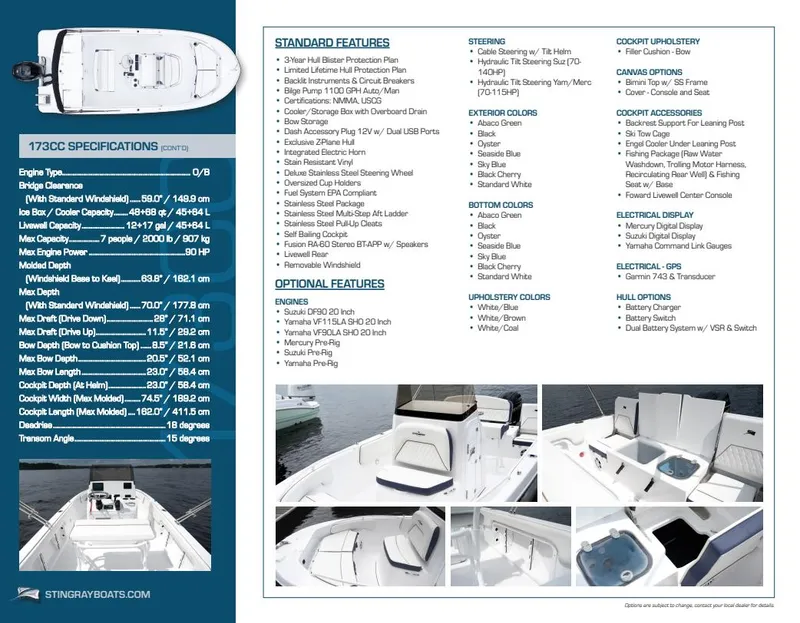 Slide: The Image of 2025 Stingray 173 CC boat specifications and features, showcasing interior and exterior design details. - 1