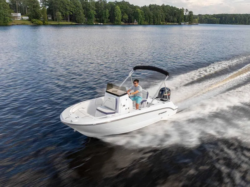 Slide: The Image of 2025 Stingray 173 CC boat cruising on a serene lake with lush green shoreline. - 17