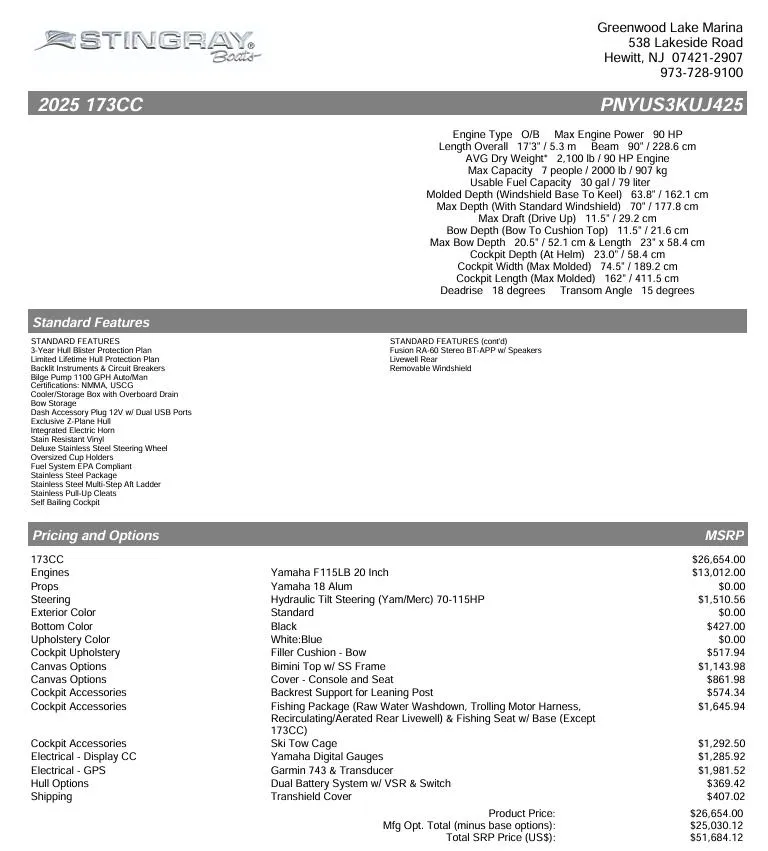 Slide: The Image of 2025 Stingray 173 CC boat specifications and pricing details, featuring standard and optional features. - 18