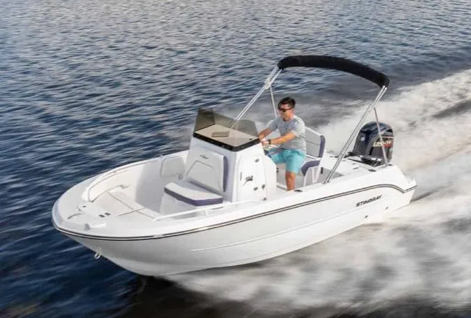 Slide: The Image of 2025 Stingray 173 CC boat cruising on water with a person steering. - 19