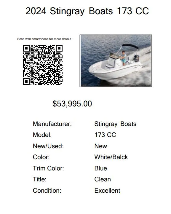 Slide: The Image of 2025 Stingray 173 CC boat, white/black, blue trim, excellent condition, priced at $53,995. - 20