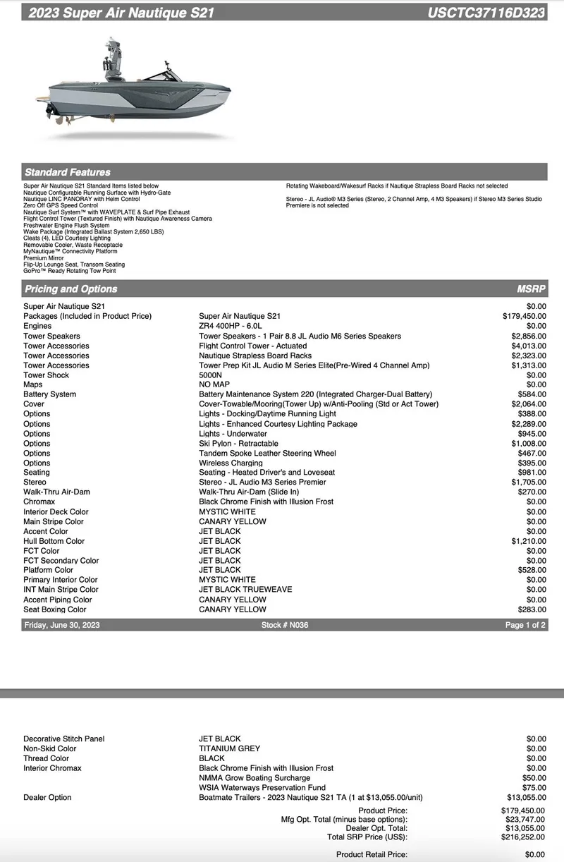 Slide: The Image of 2023 Nautique Super Air Nautique S21 features and pricing details sheet. - 25