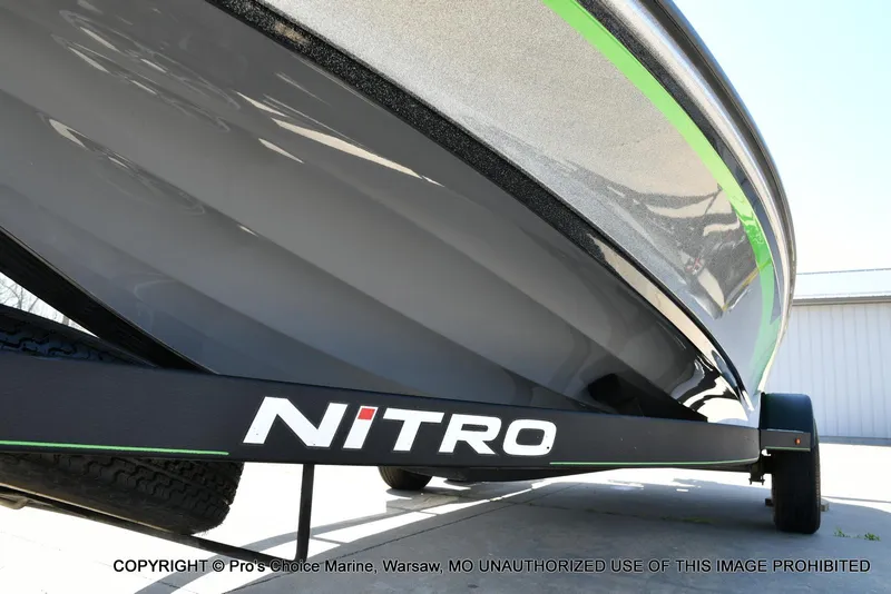Slide: The Image of 2021 Nitro Z20 Pro Pack boat on trailer, close-up view. - 35