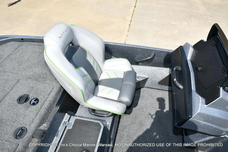 Slide: The Image of 2021 Nitro Z20 Pro Pack boat seat with gray and green accents. - 48