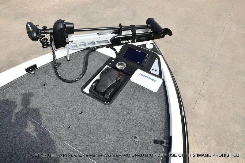 Slide: The Image of 2023 Caymas CX 18 boat deck with Minn Kota trolling motor and Lowrance electronics. - 10