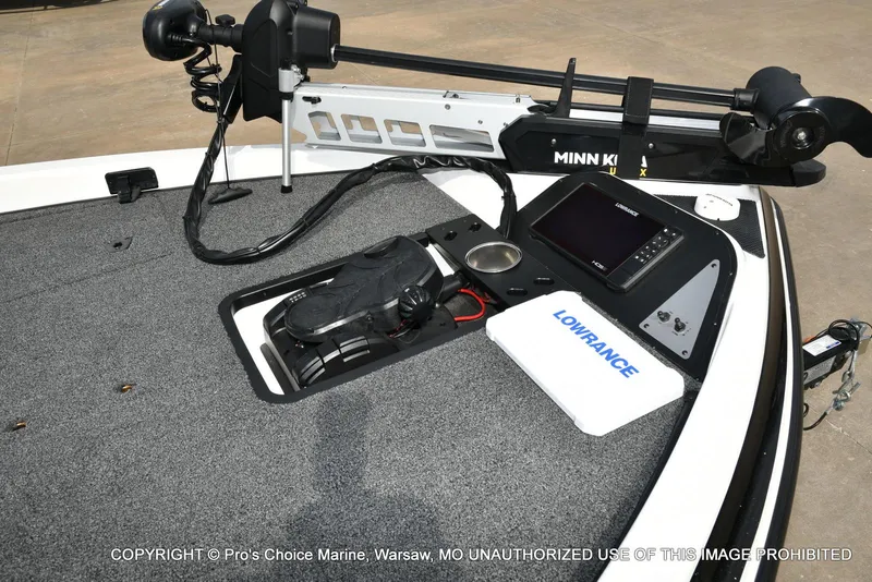 Slide: The Image of 2023 Caymas CX 18 boat deck with Minn Kota trolling motor and Lowrance electronics. - 36