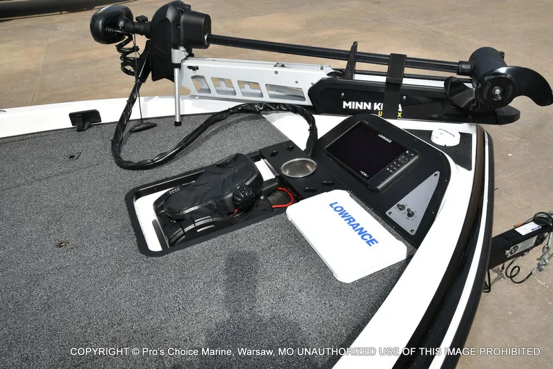 Slide: The Image of 2023 Caymas CX 18 boat deck with Minn Kota trolling motor and Lowrance electronics. - 4