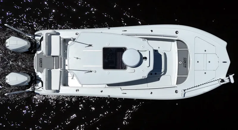 Slide: The Image of Overhead view of 2022 Costa Custom Boats 264 HC on water. - 19