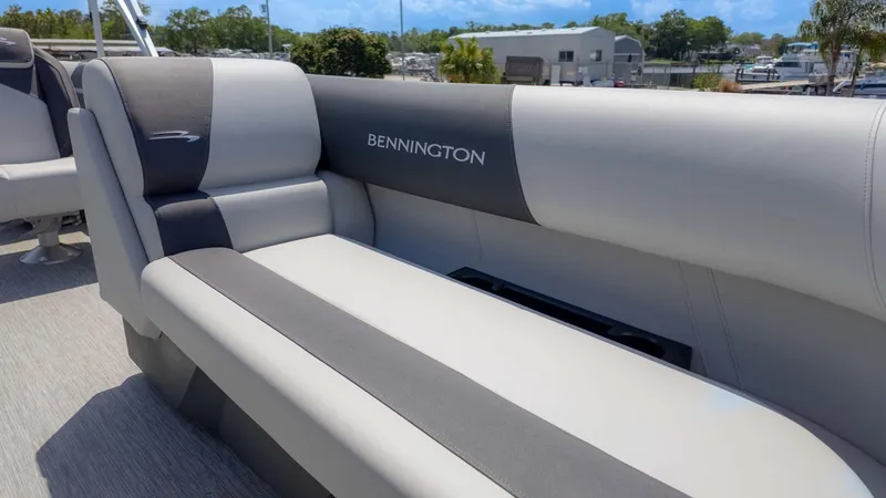 Slide: The Image of Luxurious seating on 2025 Bennington 20SSRSE pontoon boat, featuring sleek design and comfort. - 11