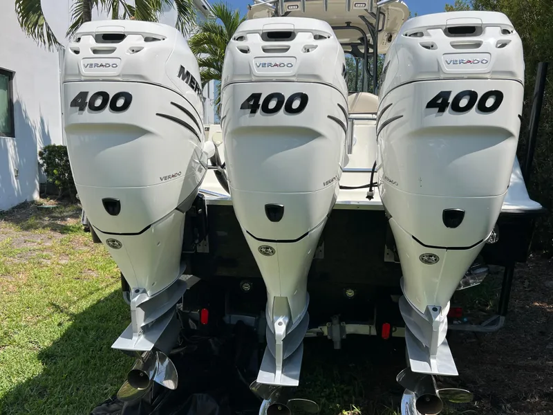 Slide: The Image of 2012 Hydra-Sports 3400 CC with triple Mercury Verado 400 outboard engines. - 4