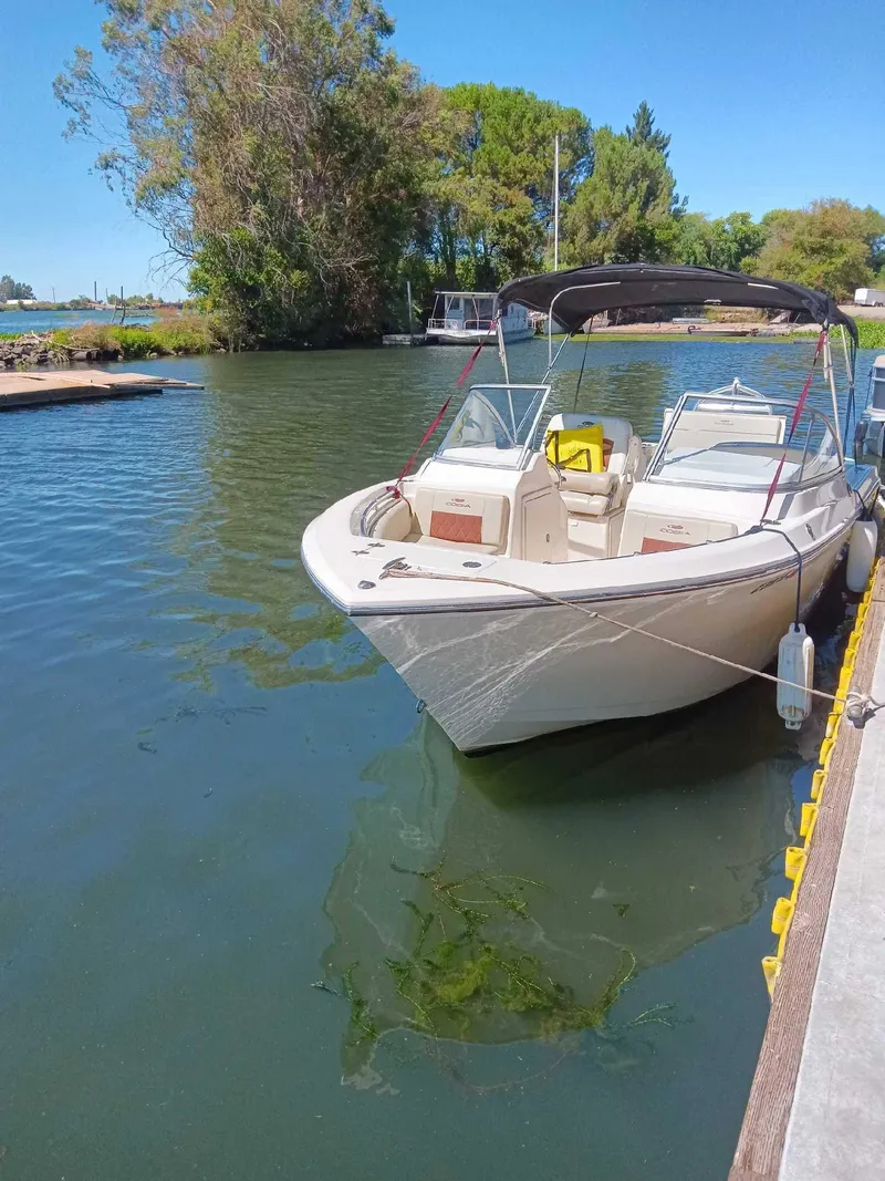 Slide: The Image of 2021 Cobia 220 Dual Console boat docked on a sunny day. - 1
