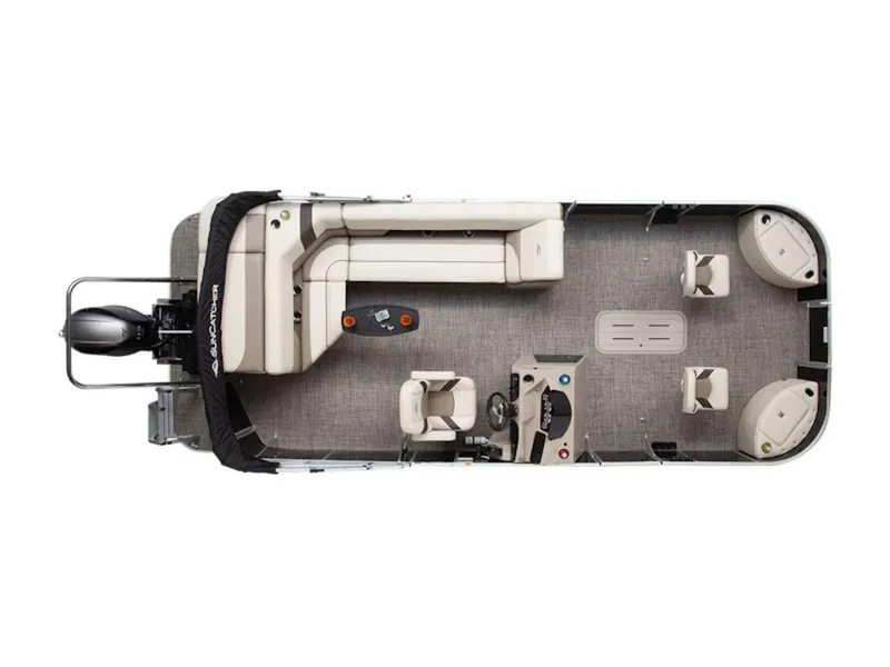 Slide: The Image of 2025 SunCatcher Select 322FC pontoon boat interior layout, featuring seating and helm. - 1