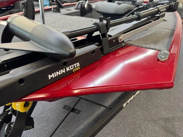 Slide: The Image of 2025 Tracker Panfish 17 boat with Minn Kota Edge trolling motor, red finish. - 7