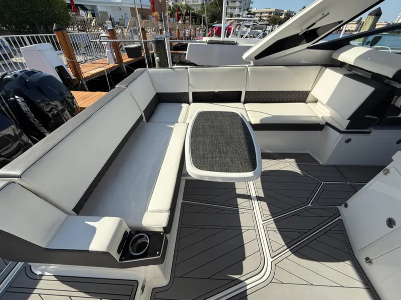 Slide: The Image of 2020 Monterey 385 Super Express yacht with spacious seating and sleek design. - 30
