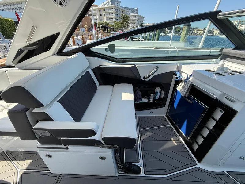 Slide: The Image of 2020 Monterey 385 Super Express interior with sleek seating and modern design. - 42