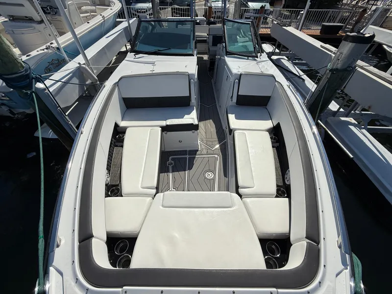 Slide: The Image of 2020 Monterey 385 Super Express boat with spacious seating and sleek design. - 49